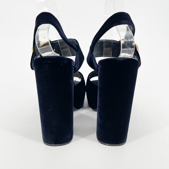 Prada Deep Navy Blue Velvet Block Heel Buckle Chunky Platform Sandal IT 38.5 - Picture 8 of 13